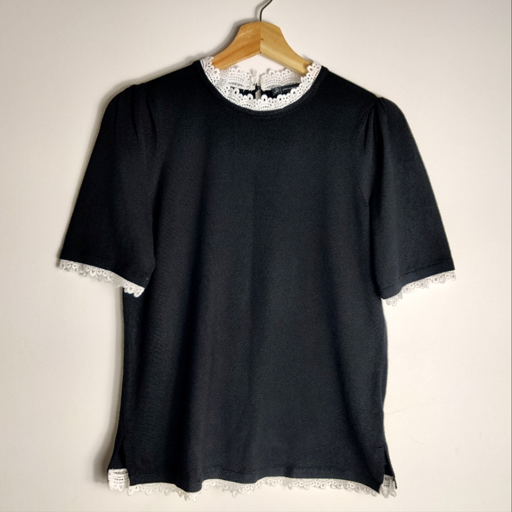 Adrianna Papell Black Knit Sweater Blouse White Scalloped Lace Trim